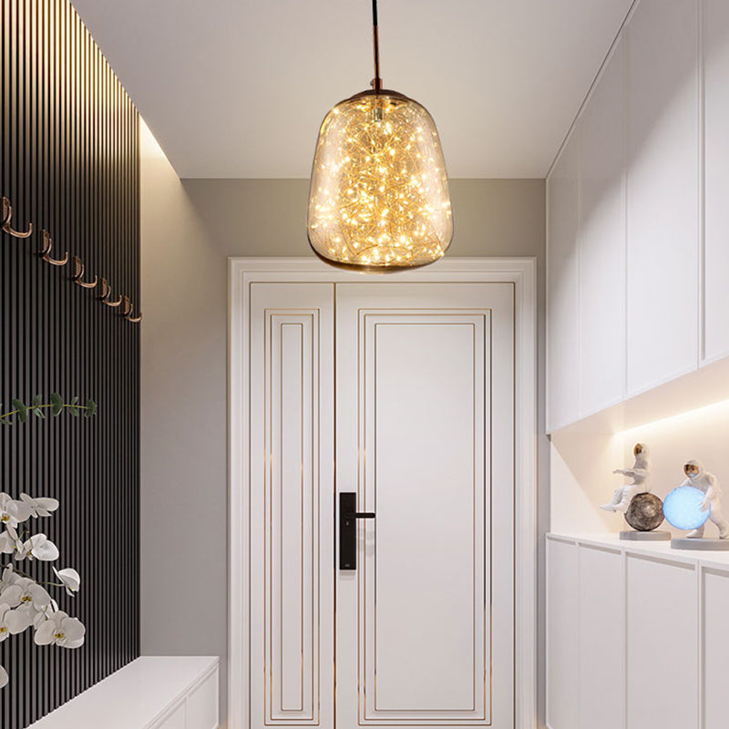 Stone Dining Room Ceiling Lamp Amber Glass LED Modernism Pendant Lighting Fixture