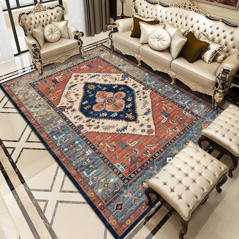 Red Tone Moroccan Rug Polyester Carpet Symmetrical pattern Indoor Rug Stain Resistant for Living Room