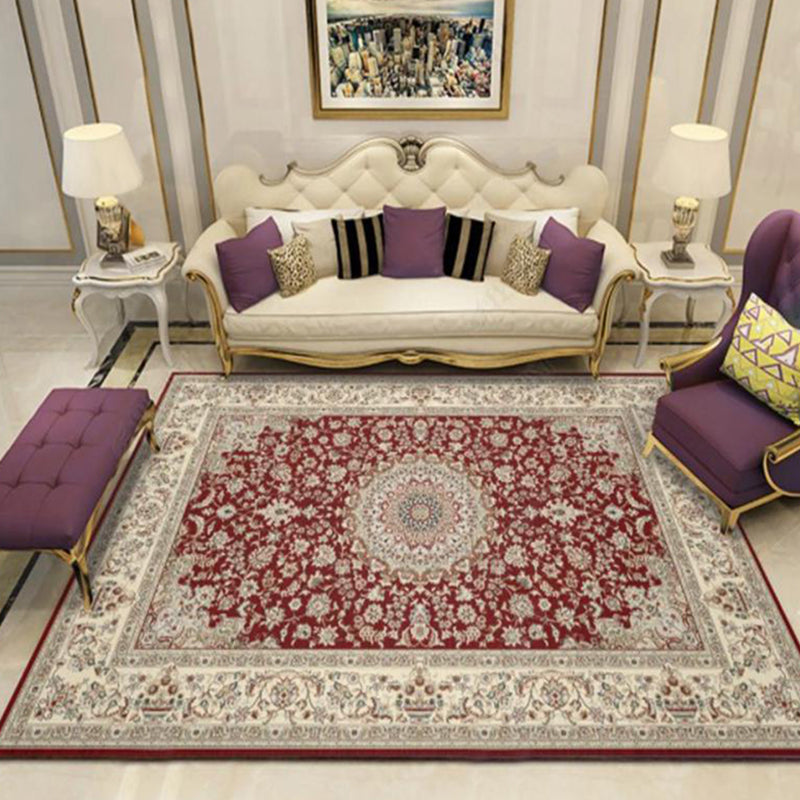 Retro Moroccan Print Area Carpet Red Tone Polyester Rug Washable Carpet for Home Decoration