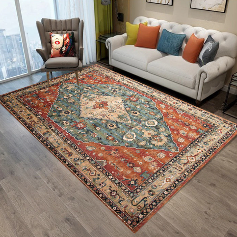 Red Tone Traditional Area Carpet Polyester Moroccan Print Indoor Rug Easy Care Carpet for Living Room