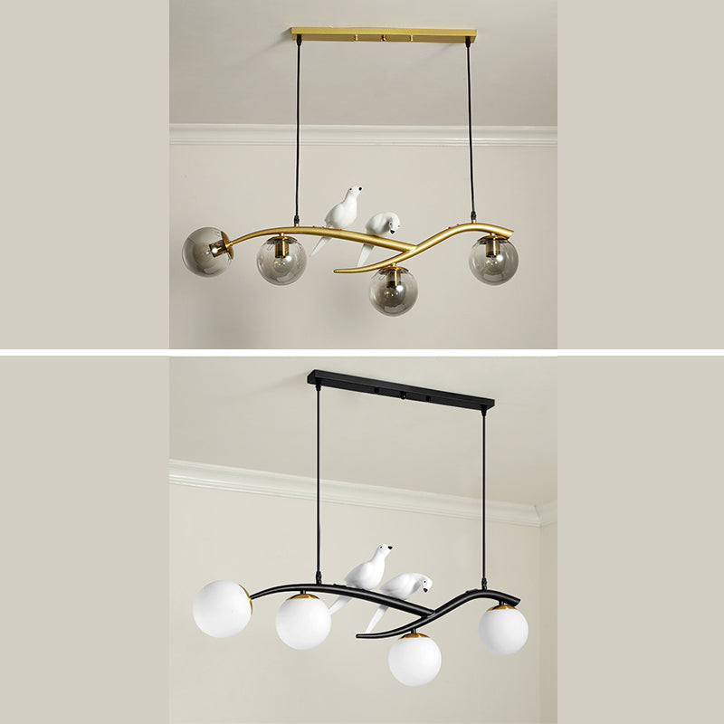 Luce a ciondolo Isola in ferro battuto in stile moderno in vetro di vetro di vetro luce con decorazione di uccelli in resina