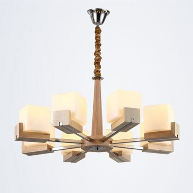 Modern Singularity Radial Pendant Light Wooden Indoor Chandelier with White Frosted Glass Shade