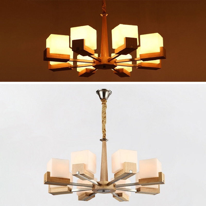 Wooden Sputnik Pendant Light in Modern Minimalist Style Frosted Glass Hanging Lamp for Dining Room