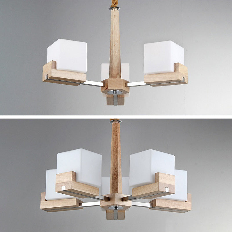 Wooden Sputnik Pendant Light in Modern Minimalist Style Frosted Glass Hanging Lamp for Dining Room