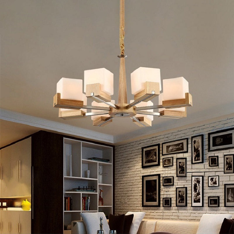 Wooden Sputnik Pendant Light in Modern Minimalist Style Frosted Glass Hanging Lamp for Dining Room