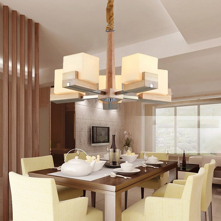 Wooden Sputnik Pendant Light in Modern Minimalist Style Frosted Glass Hanging Lamp for Dining Room