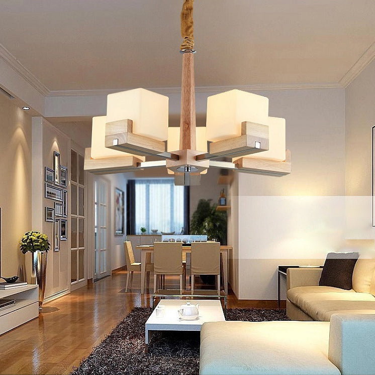 Wooden Sputnik Pendant Light in Modern Minimalist Style Frosted Glass Hanging Lamp for Dining Room