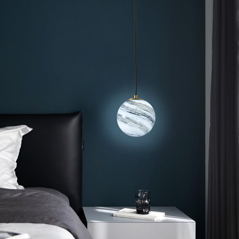 Stained Glass Planet Hanging Lamp Minimalist 1-Light Down Lighting Pendant for Bedroom