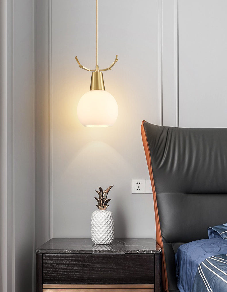 Brass Antler Pendant Light Nordic Style Metal Hanging Light with Dome Milk Glass Shade