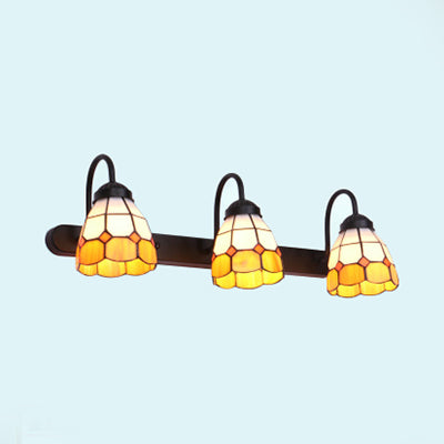 Grid Patterned Vanity Lighting Tiffany Blue/Yellow Glass 3 Heads Antique Brass Wall Mounted Light