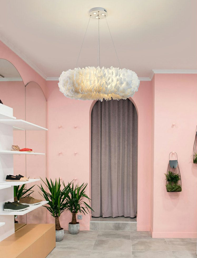 Feather Circle Chandelier Light Fixture Nordic Pendant Lighting Fixture in White