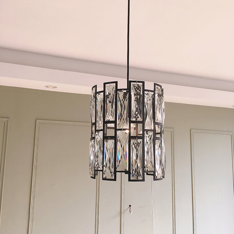 Modern Shaded Hanging Lamp Crystal Rectangles Dining Room Pendant Light in Black