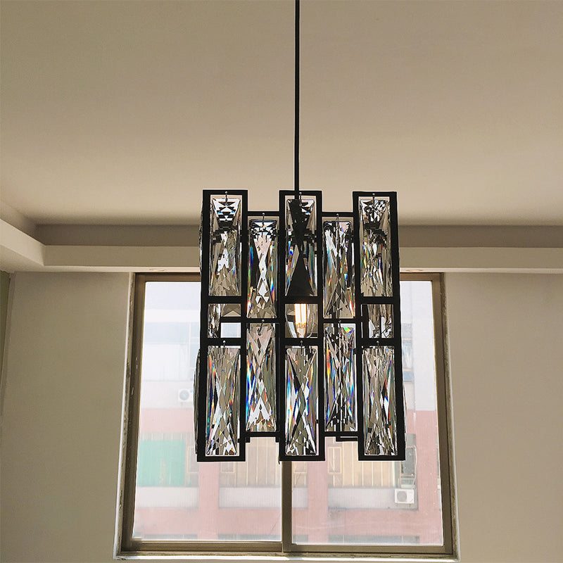 Modern Shaded Hanging Lamp Crystal Rectangles Dining Room Pendant Light in Black