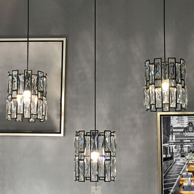Modern Shaded Hanging Lamp Crystal Rectangles Dining Room Pendant Light in Black