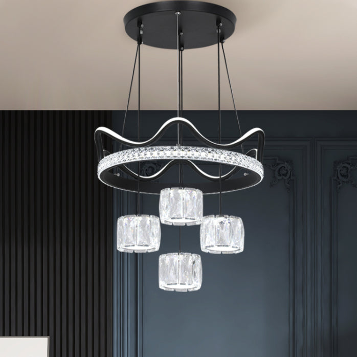 Cylindrical Crystal Suspension Lamp Contemporary Black LED Ceiling Pendant for Dining Room