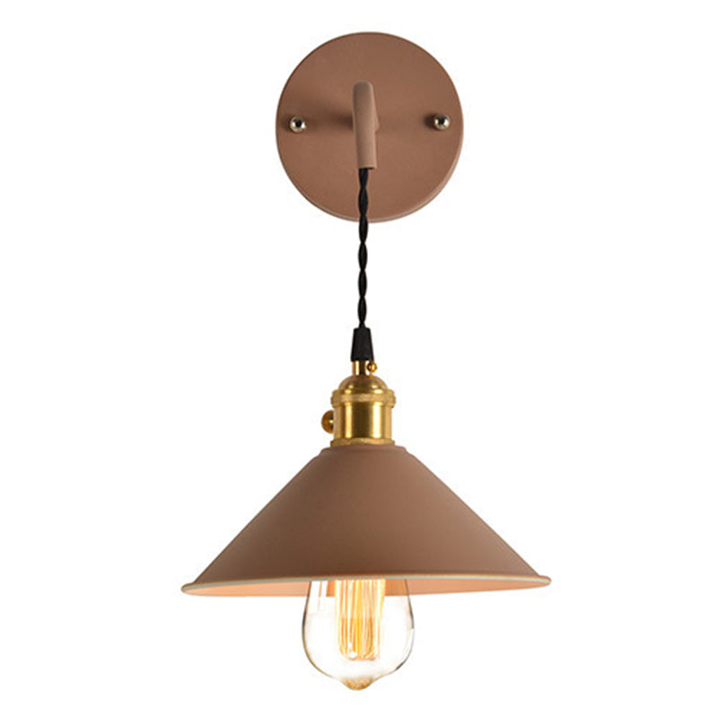 1-Lights Macaroon Style Simplicity Wall Lamp Metal Cone Shade Bedroom Sconce Light with Brass Rotary Switch