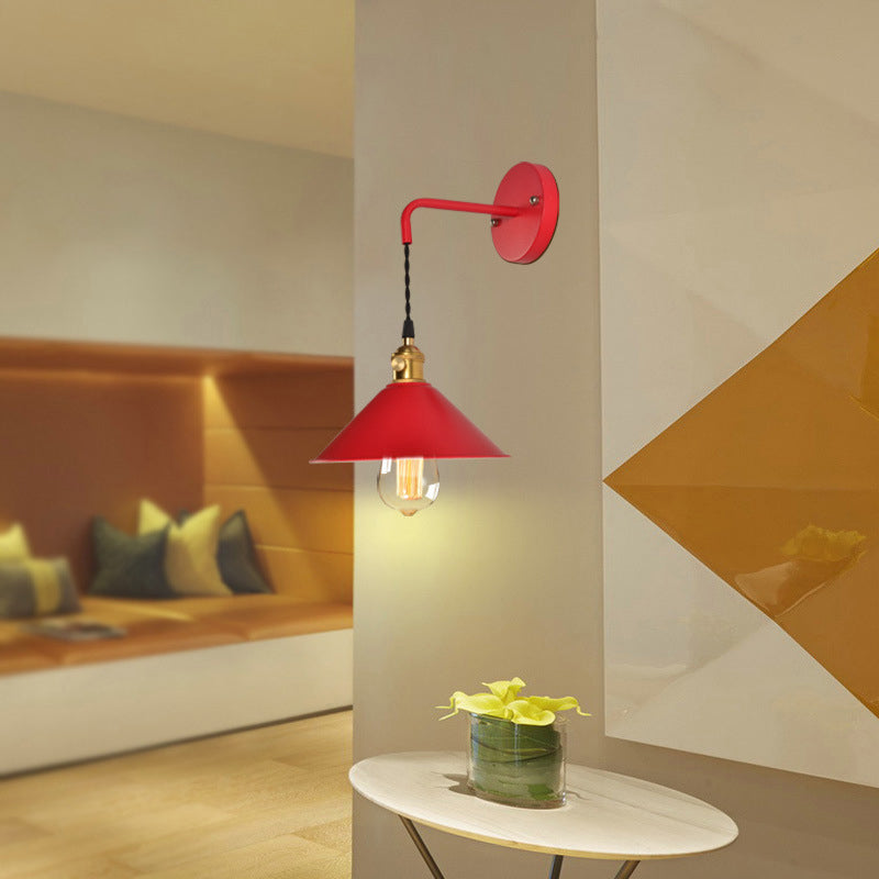 1-Lights Macaroon Style Simplicity Wall Lamp Metal Cone Shade Bedroom Sconce Light with Brass Rotary Switch