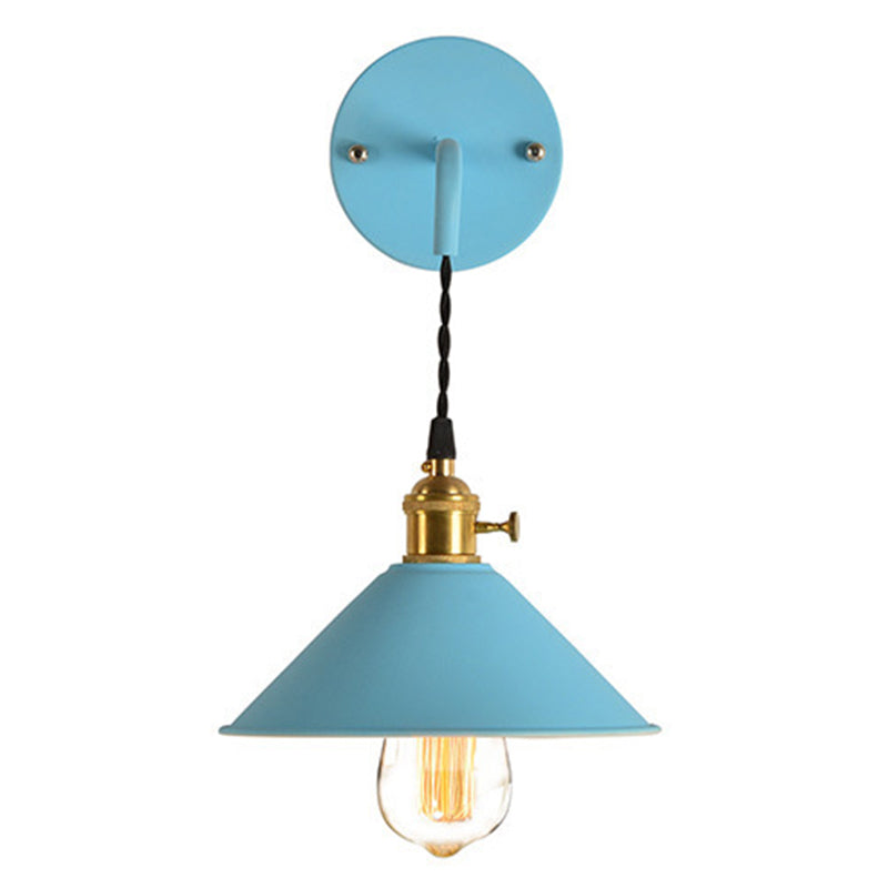 1-Lights Macaroon Style Simplicity Wall Lamp Metal Cone Shade Bedroom Sconce Light with Brass Rotary Switch