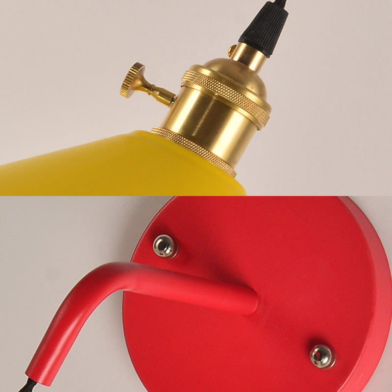 1-Lights Macaroon Style Simplicity Wall Lamp Metal Cone Shade Bedroom Sconce Light with Brass Rotary Switch