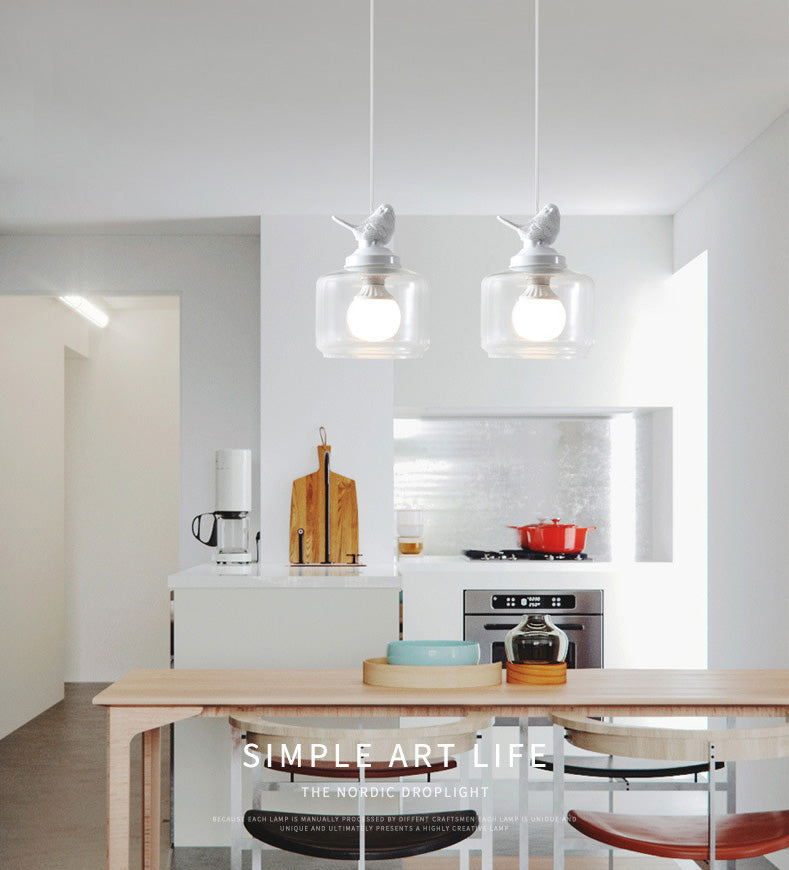 Jar-shaped Transparent Glass Hanging Light Nordic Simplicity Bedroom Lighting Pendant with Resin Bird Decoration