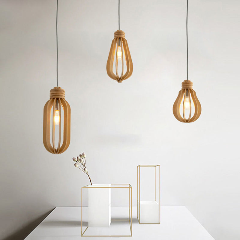Wooden Cage Pendulum Light Modern 1-Light Wood Hanging Pendant for Dining Room