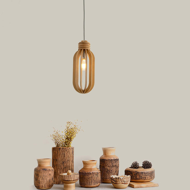 Wooden Cage Pendulum Light Modern 1-Light Wood Hanging Pendant for Dining Room