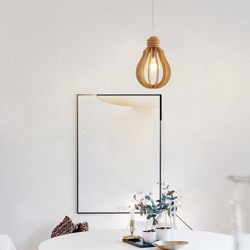 Wooden Cage Pendulum Light Modern 1-Light Wood Hanging Pendant for Dining Room