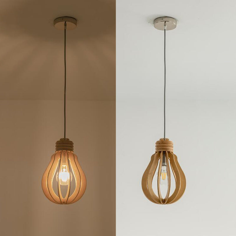 Wooden Cage Pendulum Light Modern 1-Light Wood Hanging Pendant for Dining Room