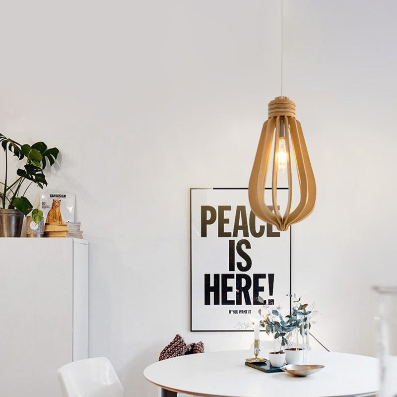 Wooden Cage Pendulum Light Modern 1-Light Wood Hanging Pendant for Dining Room