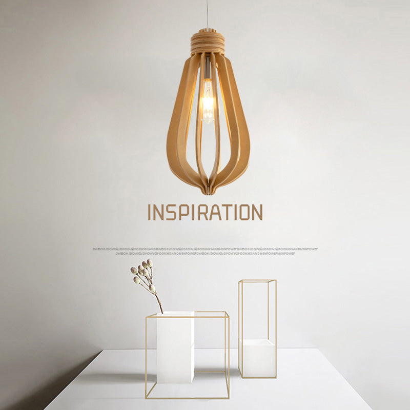 Wooden Cage Pendulum Light Modern 1-Light Wood Hanging Pendant for Dining Room