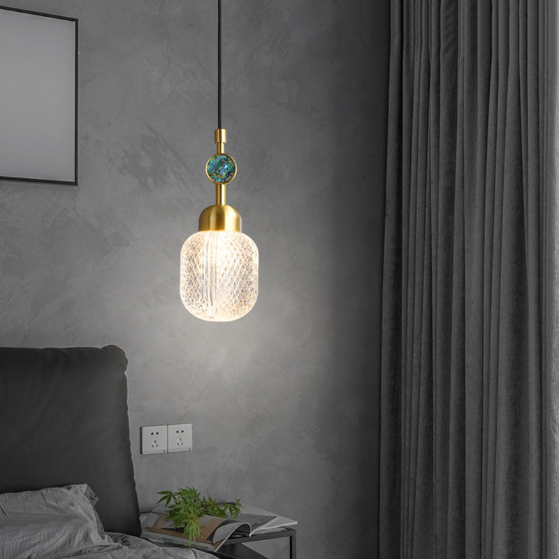 Clear Lattice Glass Oval Hanging Lighting Postmodern 1 Head Brass Pendant for Bedroom