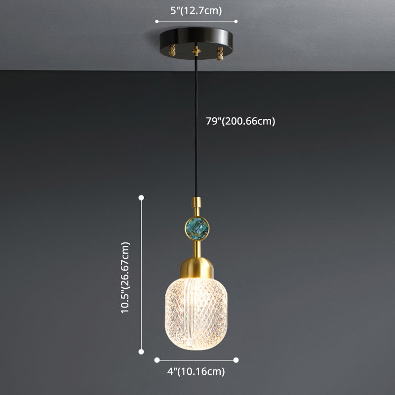 Clear Lattice Glass Oval Hanging Lighting Postmodern 1 Head Brass Pendant for Bedroom