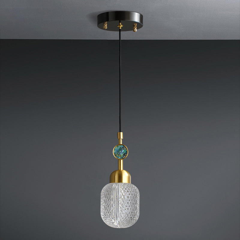 Clear Lattice Glass Oval Hanging Lighting Postmodern 1 Head Brass Pendant for Bedroom