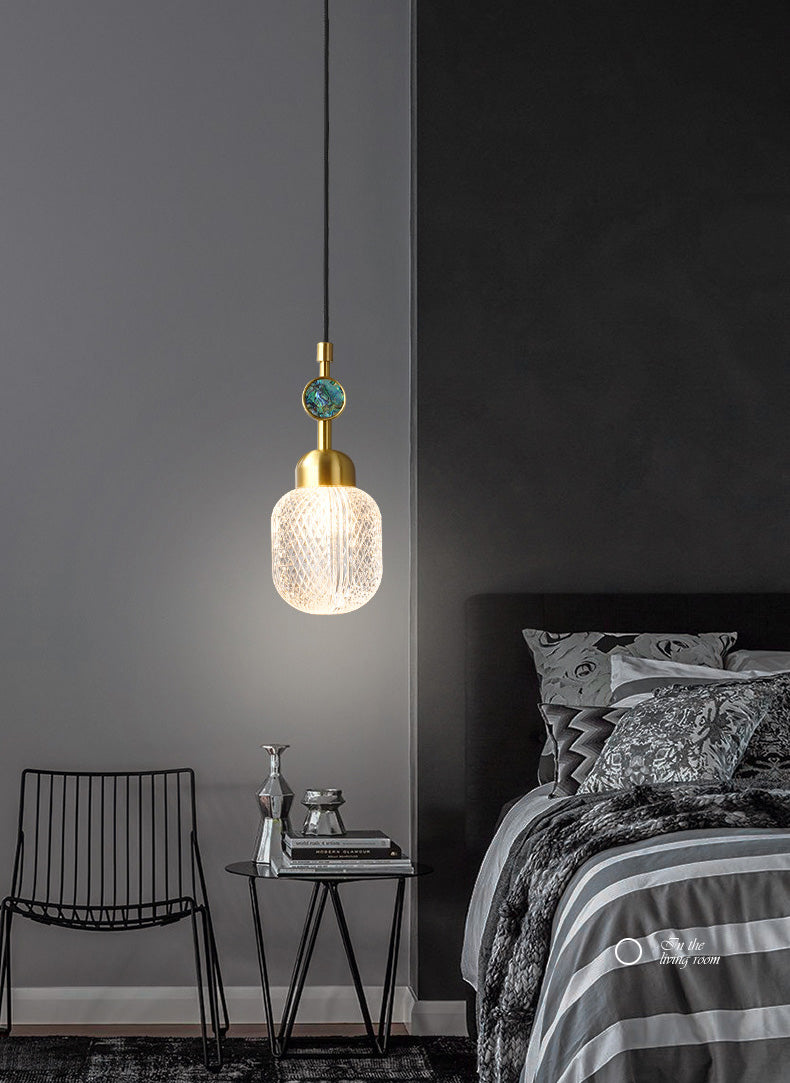 Clear Lattice Glass Oval Hanging Lighting Postmodern 1 Head Brass Pendant for Bedroom