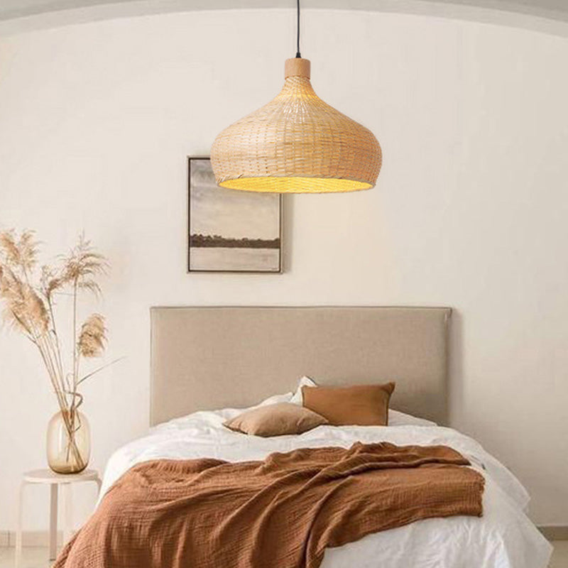 Hand-worked Natural Bamboo Drop Lamp Minimalist 1-Light Beige Pendant Light for Bedroom