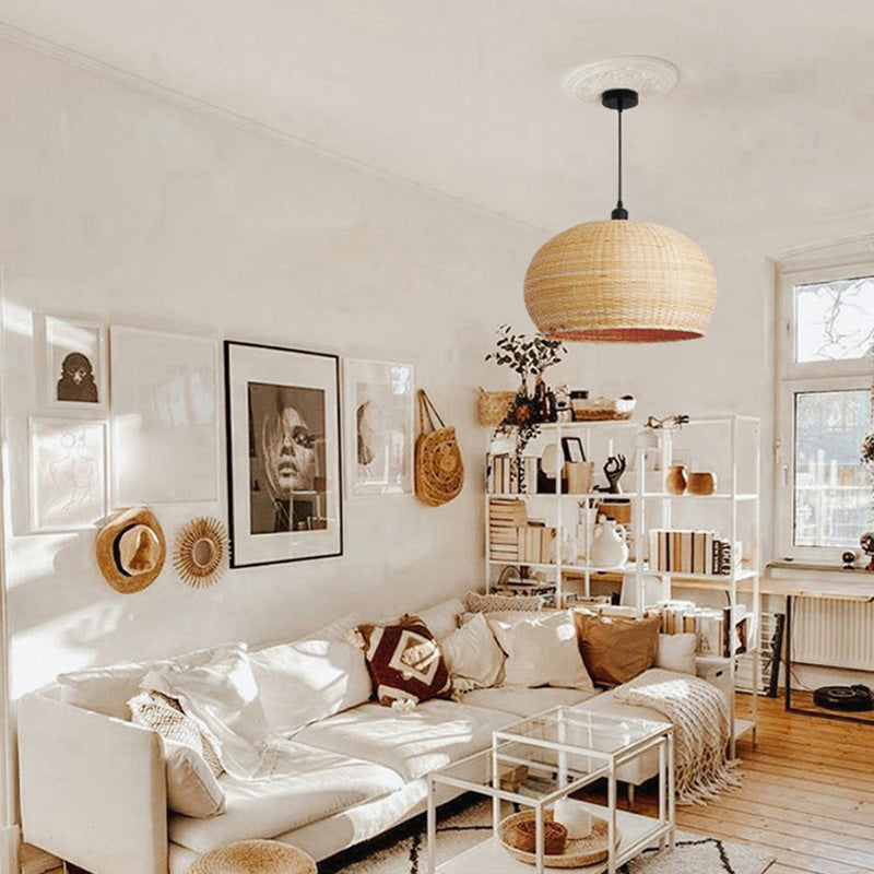 Hand-worked Natural Bamboo Drop Lamp Minimalist 1-Light Beige Pendant Light for Bedroom