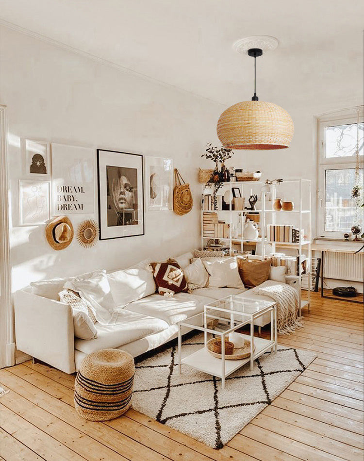 Hand-worked Natural Bamboo Drop Lamp Minimalist 1-Light Beige Pendant Light for Bedroom