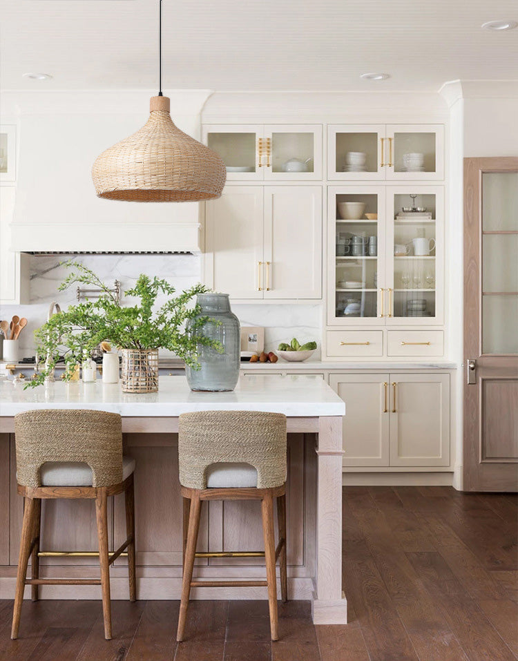 Hand-worked Natural Bamboo Drop Lamp Minimalist 1-Light Beige Pendant Light for Bedroom