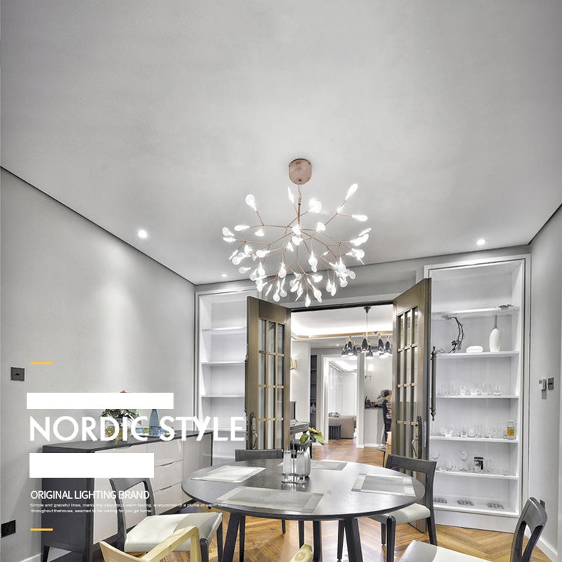 Roségold Sputnik Anhänger Licht im modernen kreativen Stil Schmiedeeisen Feuerfly -LED -Deckenlicht mit Acrylschatten