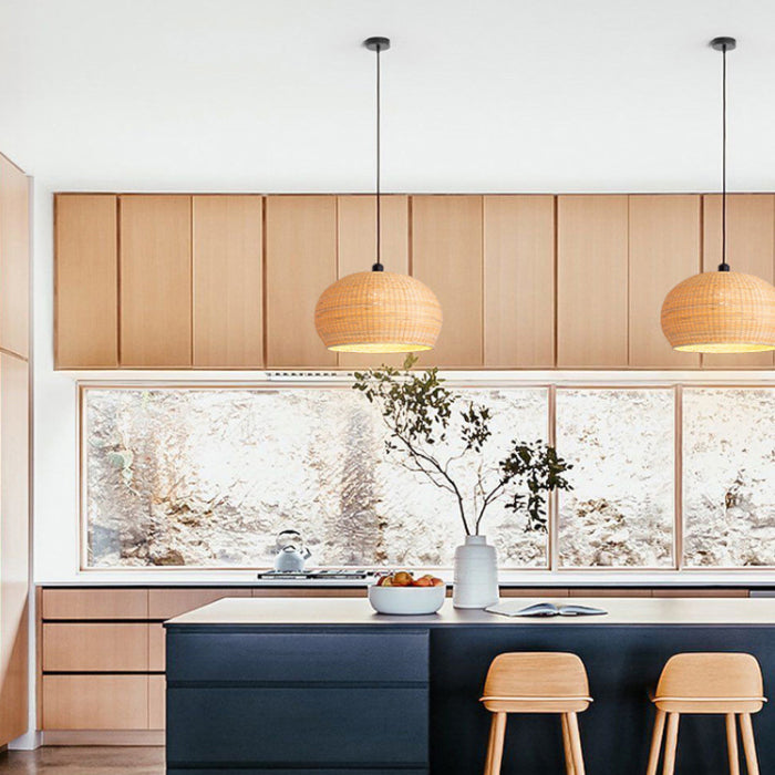 Hand-worked Natural Bamboo Drop Lamp Minimalist 1-Light Beige Pendant Light for Bedroom