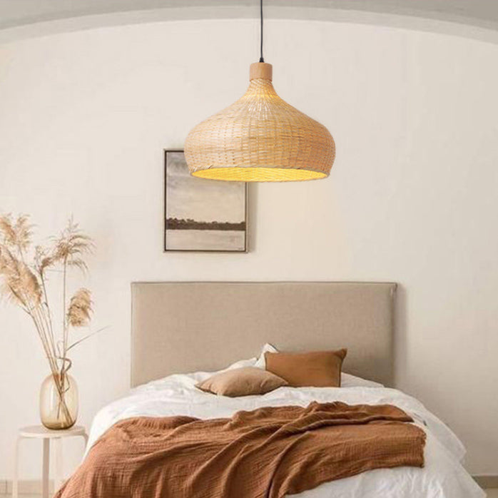 Hand-worked Natural Bamboo Drop Lamp Minimalist 1-Light Beige Pendant Light for Bedroom