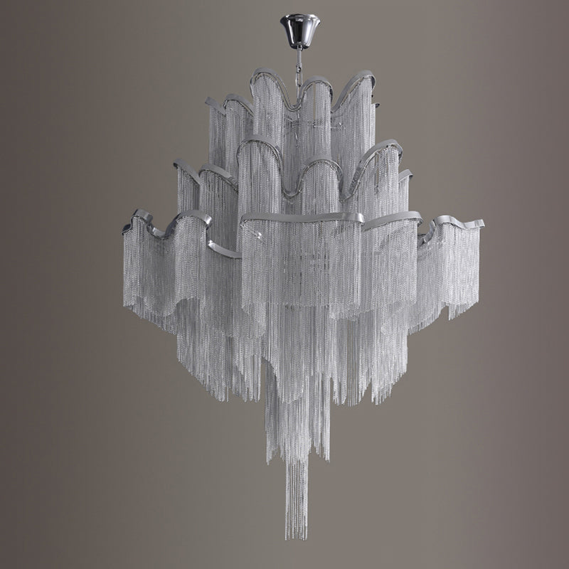 Silver Geometric LED Hanging Lamp Modern Style Tassel Indoor Ceiling Light with Aluminium Chain