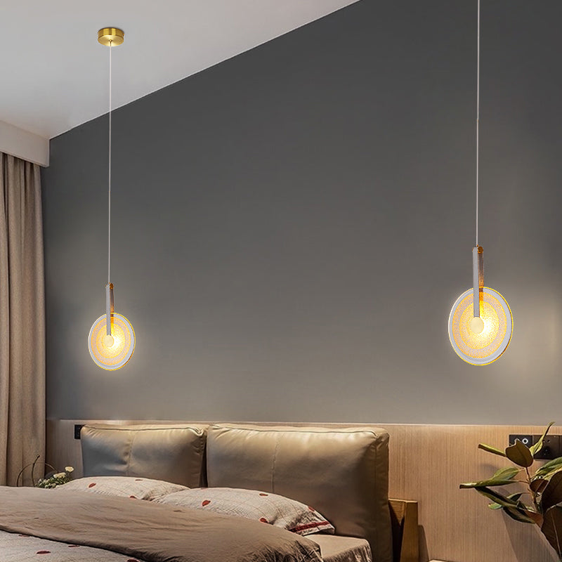 Messing schijf suspensie licht postmoderne getextureerde glazen led-droplamp met lederen band