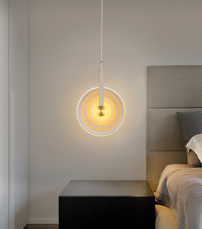 Messing schijf suspensie licht postmoderne getextureerde glazen led-droplamp met lederen band