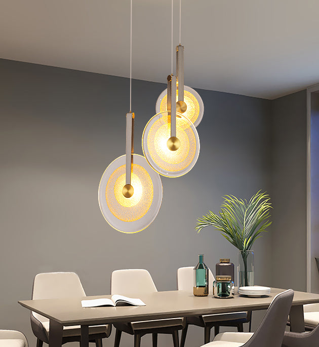 Messing schijf suspensie licht postmoderne getextureerde glazen led-droplamp met lederen band