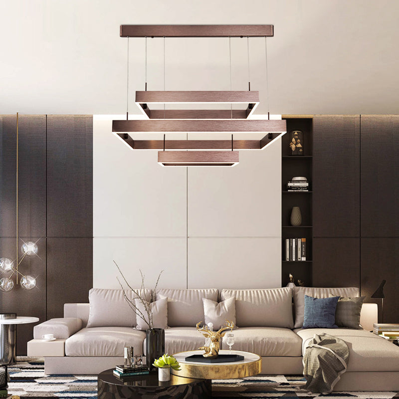 Minimalist Squared Hanging Ceiling Light Metal Living Room LED Chandelier Pendant Light in Coffee