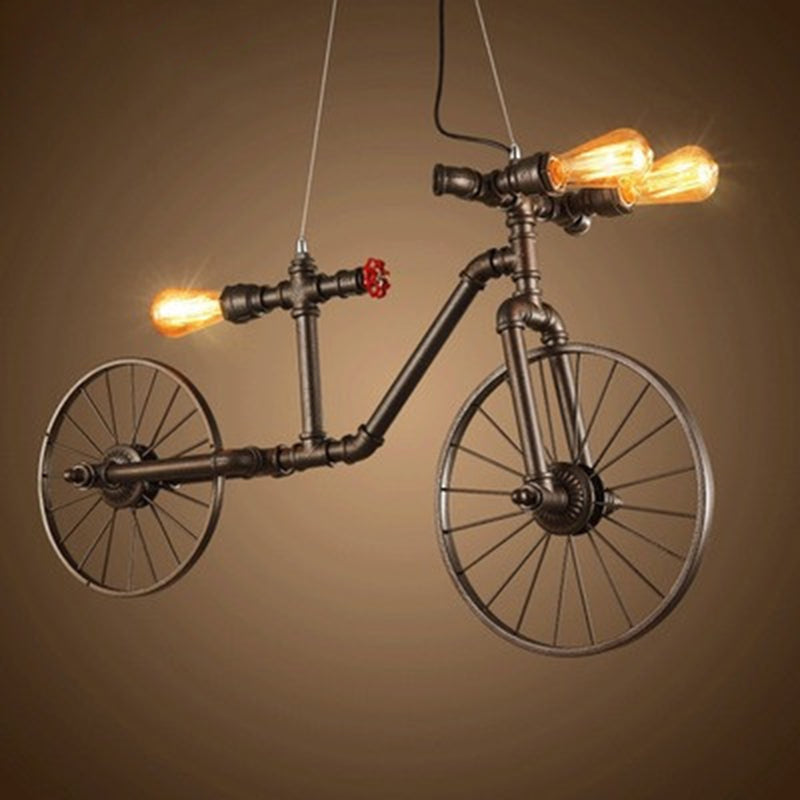 3-Light Chocolate Bronze Metal Ceiling Hung Fixtures Vintage Bicycle Bike Shape Pendant Lighting