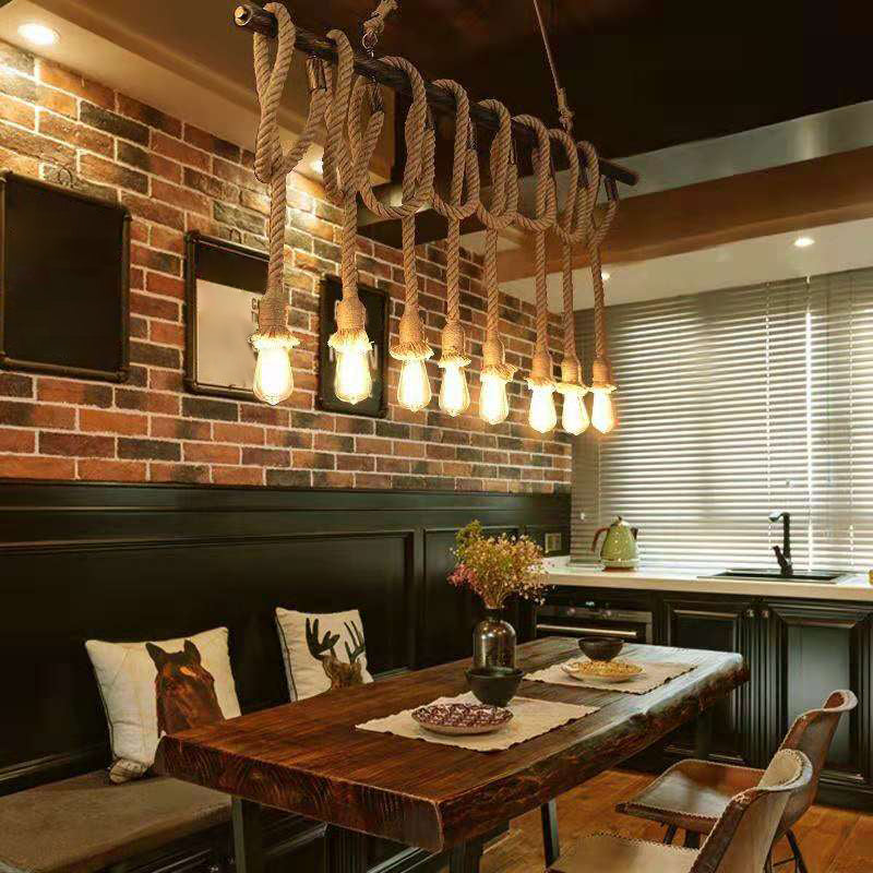 Luce a ciondolo di Brown Coffee Shop isola in stile in ferro battuto in stile classico industriale con corda di canapa