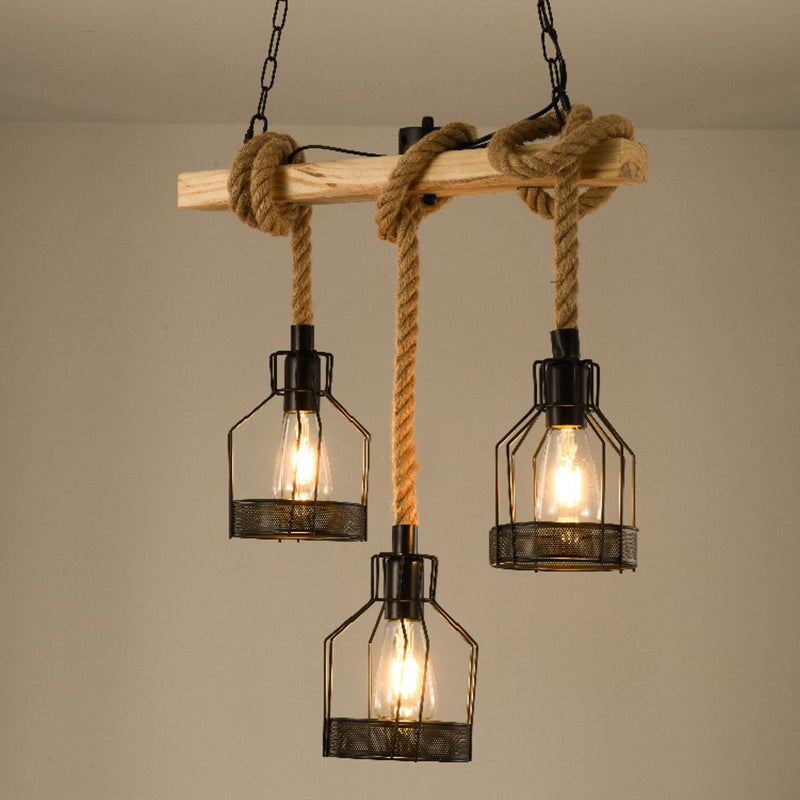 Wrought Iron Black Island Pendant Light in Industrial Vintage Style Hemp Rope Ceiling Light for Coffee Shop