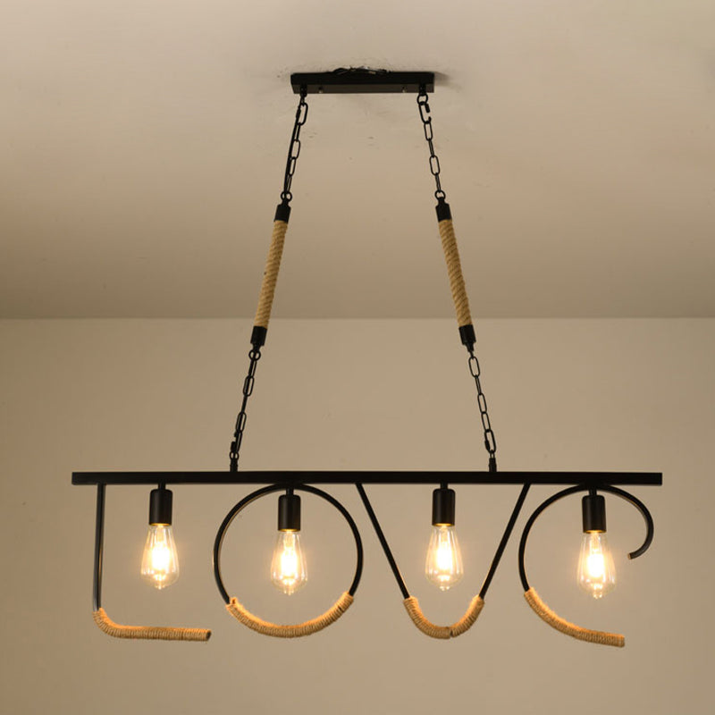 Wrought Iron Black Island Pendant Light in Industrial Vintage Style Hemp Rope Ceiling Light for Coffee Shop